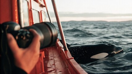 The orca or killer whale (Orcinus orca) swimming beside Trawlers ship at night in the Norwegian sea, the fjords of Norway.  © pinan