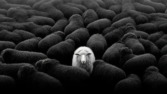 A Lone White Sheep Stands Out Amidst a Flock of Black Sheep.