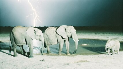 The elephant family find drinking water at night with flashes lightning background, Hwange National Park, Zimbabwe.  © pinan