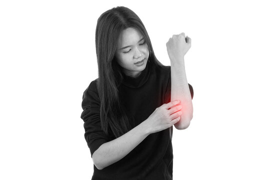 Young woman touching elbow with red highlighted pain area, isolated on white background, concept of joint pain, inflammation and health problem.