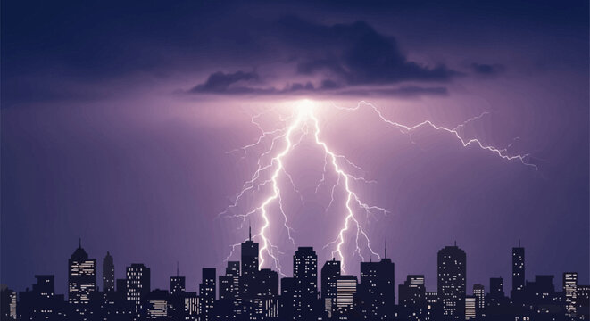 Vector illustration of a city skyline at night during a powerful thunderstorm with multiple bright lightning bolts striking from a dark purple cloud over illuminated skyscrapers.