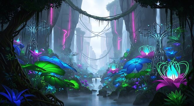 Glowing bioluminescent alien flora and exotic iridescent tropical plants display vibrant colors within this mystical and magical surreal fantasy world