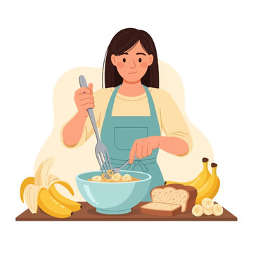 Vector illustration of a young woman wearing a blue apron mashing ripe bananas in a bowl with a fork to bake banana bread, with whole bananas and sliced bread on a wooden table.