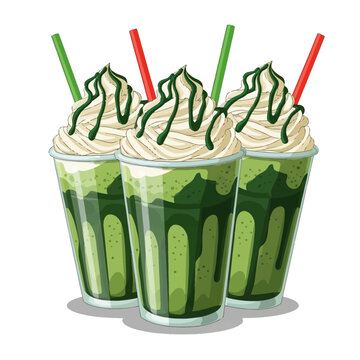 Vector illustration of three iced matcha green tea frappes in clear cups topped with whipped cream and green syrup drizzle, featuring red and green straws on white background.