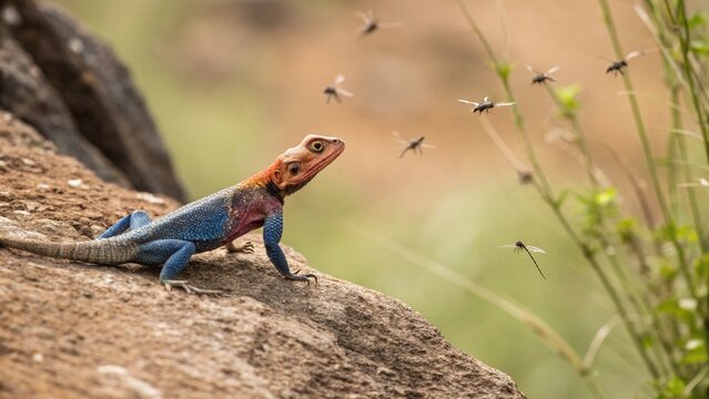 Close up of agama lizard (Agama agama) hunting flies on rock in the Serengeti National Park in Africa.
