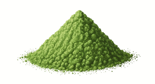 Fine ground green matcha tea powder heap in a conical shape isolated on a solid white background. Detailed granular texture of powdered Japanese green tea leaves for cooking.
