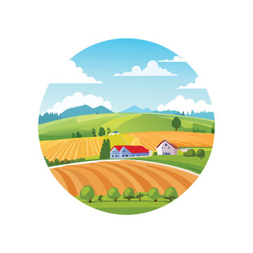 Vibrant farm landscape illustration rolling fields and rural houses
