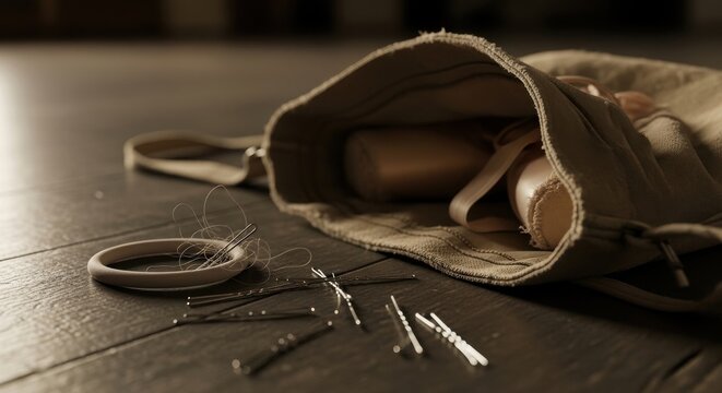 Ballerina's pointe shoes and hair accessories scattered from a dance bag