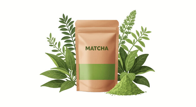 Illustration of a brown kraft paper stand-up pouch mockup for matcha green tea powder featuring a zip lock seal, labeled MATCHA, with green tea leaves and powder pile on white background.