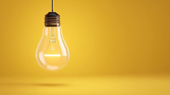 Classic clear incandescent light bulb hanging from a rod, warm yellow background, Edison base, unlit filament.