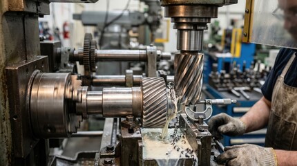 Fototapeta premium Medium shot capturing helicalcompatible hardened spur gear machining emphasizing careful alignment and finishing techniques for complex gear tooth profiles with tight tolerances.