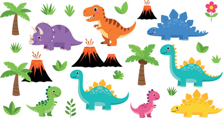 Dinosaurs and Volcanoes Set Vector Illustration for Kids, Animation, and Prehistoric Design © Sahabib