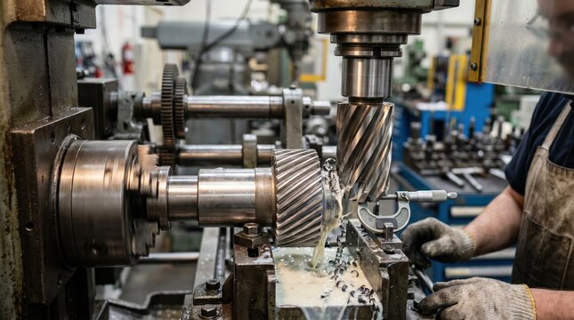 Medium shot capturing helicalcompatible hardened spur gear machining emphasizing careful alignment and finishing techniques for complex gear tooth profiles with tight tolerances.