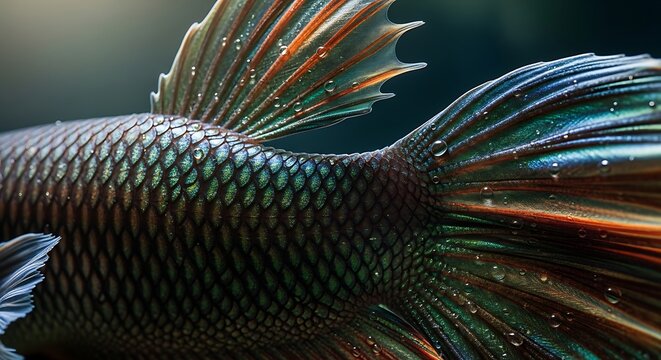 Close up of a Siamese fighting fish with iridescent scales and flowing fins.