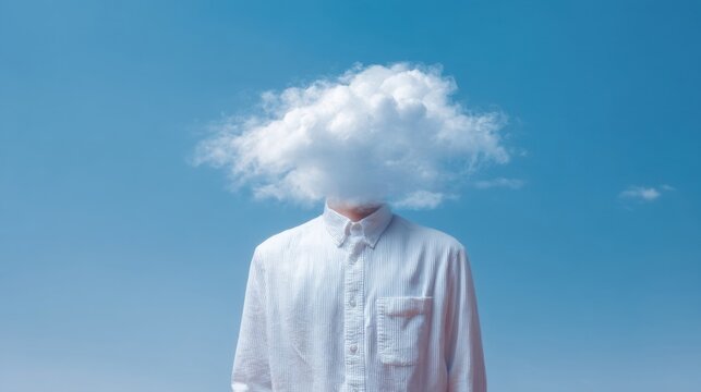 Surreal person with a cloud for a head, wearing a pinstriped shirt, standing against a clear blue sky.