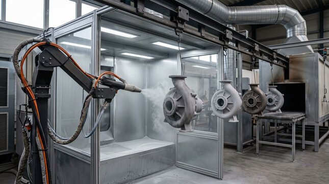 Automated system applying powdercoat finish to pump casings showcasing even coverage and surface preparation for corrosion resistance in modern production line.