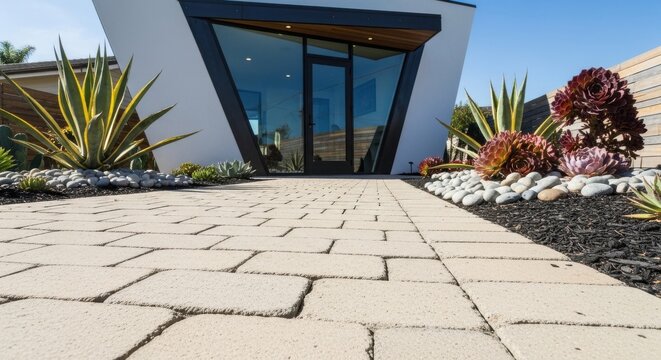 Permeable interlocking beige pavers forming a modern pathway leading to a contemporary building entrance with glass doors