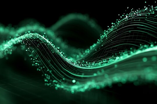 financial growth wave, green particle lines forming rising chart, smooth curves,