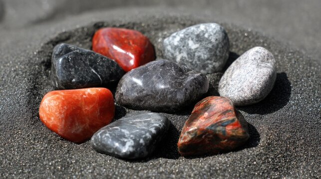 A Collection of Polished Volcanic Rock Specimens Showcasing Diverse Colors and Textures on a Dark Gritty Surface