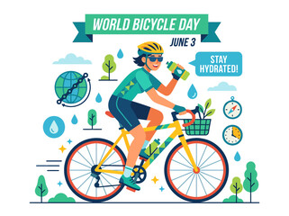 Fototapeta premium Celebrate World Bicycle Day on June 3rd with this vibrant illustration promoting cycling, healthy lifestyle, and staying hydrated while enjoying the outdoors