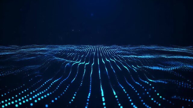Abstract digital wave pattern with glowing blue particles on a dark background, representing data flow or futuristic technology.