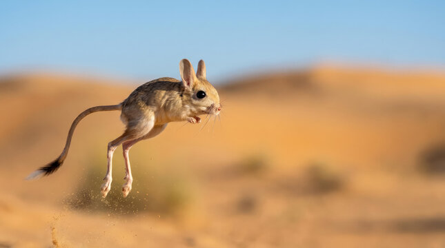 High speed action shot of a rare Jerboa jumping in the desert sand with wide copy space