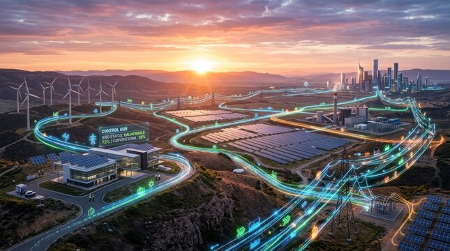 A vibrant aerial view showcases a futuristic smart city powered by renewable energy sources.