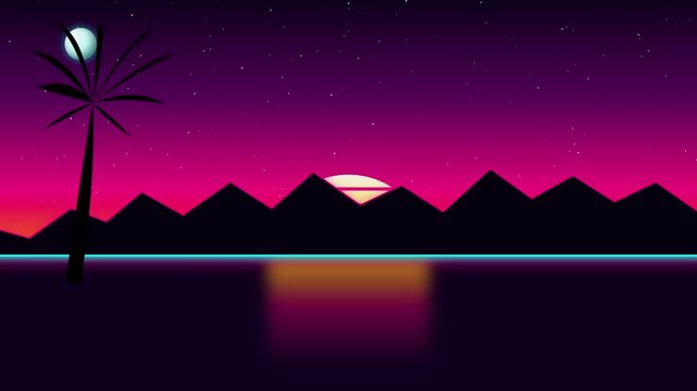 Synthwave Neon Sun and Digital Wireframe Landscape Animation