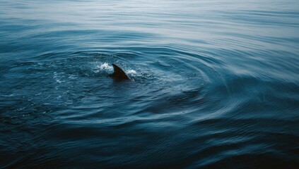 Fototapeta premium Great White Shark Dorsal Fin Breaks Surface in Deep Blue Ocean Water.