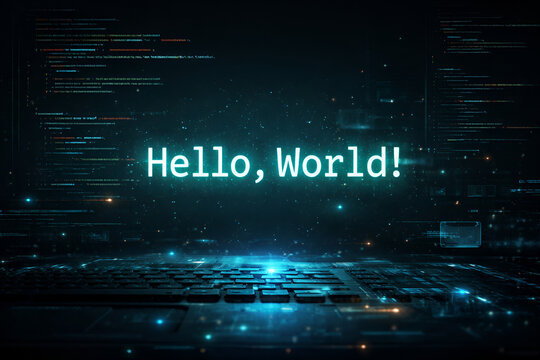 Digital Hello World Programming Text on Matrix Style Blue Data Screen with Glowing Binary Code Particles