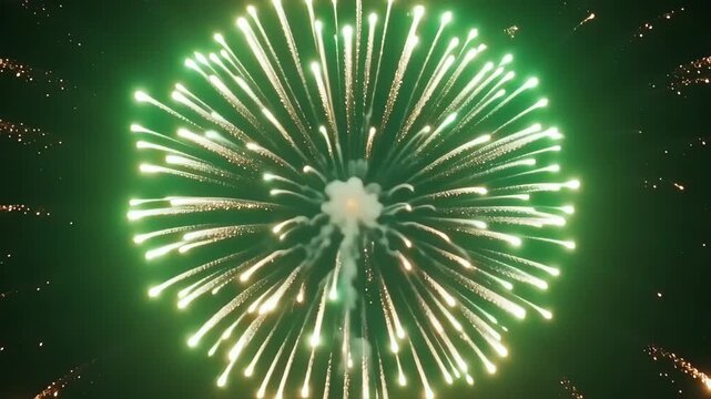 Vibrant green fireworks exploding in night sky celebration