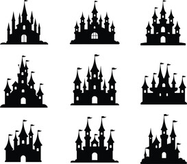 Nine black castle silhouettes with flags and windows © MDSHAHIN