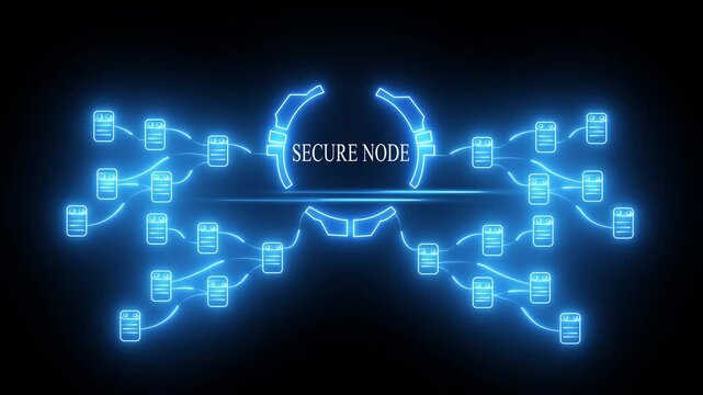 Secure node blockchain network visualization with glowing digital data connections and cyber security hud interface