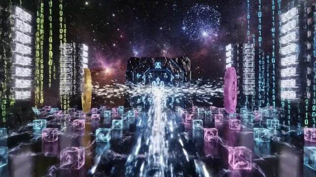 Bitcoin coins with binary code and glowing cubes in space