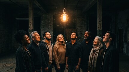 Fototapeta premium A diverse group of people stands together in a large, dark, industrial space.