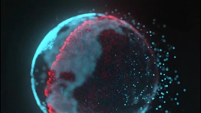 A futuristic, abstract representation of Earth is depicted with a network of glowing blue and red dots, suggesting global connectivity and data visualization.