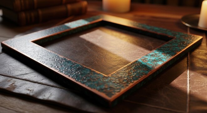 Aged copper frame with intricate verdigris patina, displayed on a textured surface.