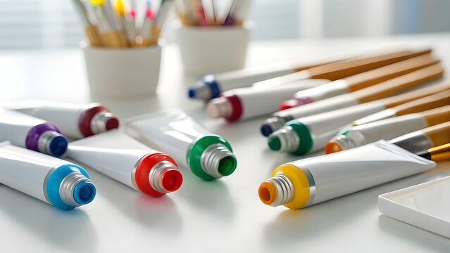 Paint Tubes Squeezed Slightly and Scattered Across White Painter&rsquo;s Desk, Creative Still Life Capturing Vibrant Colors, Artistic Energy, and Inspired Craftsmanship
