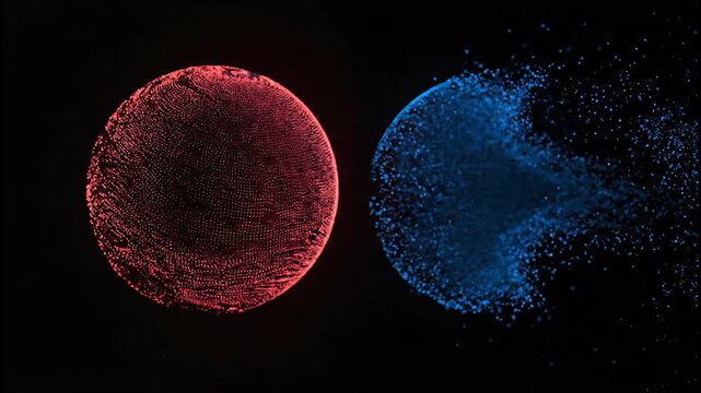 Two spherical forms, one red and one blue, appear to be disintegrating into particles against a black background.