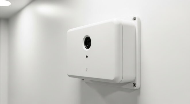 Clean White Plastic Proximity Sensor Mounted on a Wall with a Camera Lens