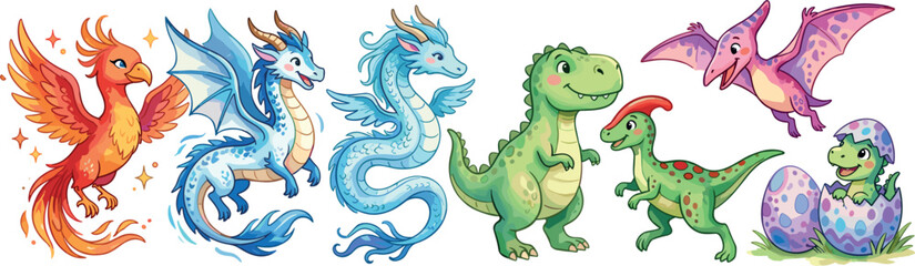 Fantasy Creatures Set Vector Illustration Featuring Dragons, Dinosaurs, and Mythical Animals for Kids, Animation, and Fantasy Design © MdRaisul