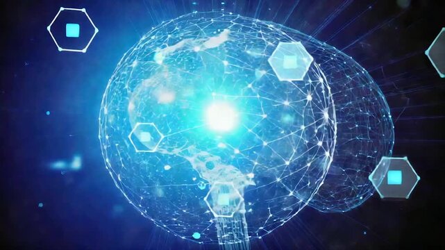 Digital brain-like structure with interconnected nodes, hexagons, and lines in a glowing blue sphere