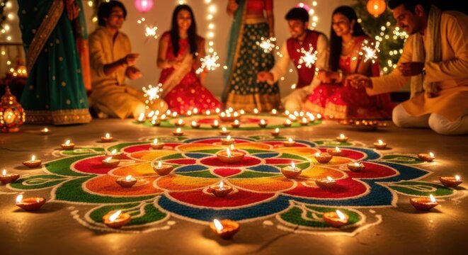 A festive scene with people celebrating, surrounded by colorful rangoli designs and lit candles. Individuals are dressed in traditional attire, engaging in a communal activity, likely a cultural \