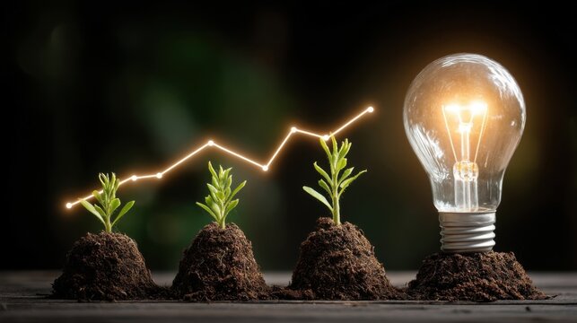 Four mounds of soil with growing plants and a glowing light bulb symbolize growth and innovation on a dark wooden surfac