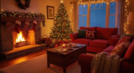 Obraz premium A cozy living room decorated for Christmas with a lit fireplace, a decorated Christmas tree, stockings, and string lights. The room features a red sofa