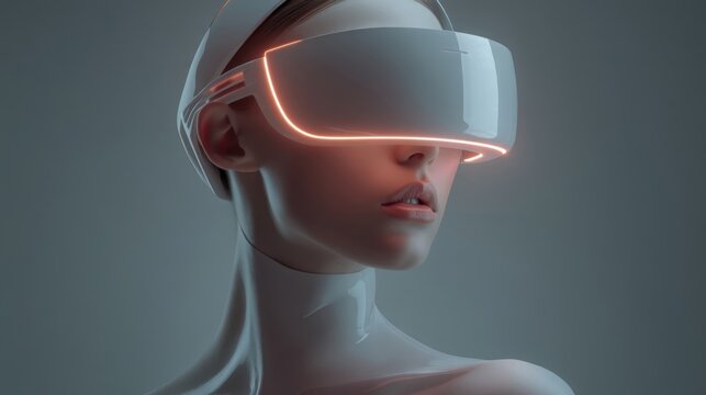 A futuristic human figure with a high-tech glowing visor, polished white synthetic skin, minimalist design in neutral li