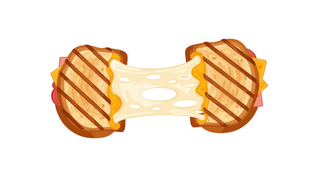 Vector illustration of a grilled cheese sandwich pulled apart to show a long stretchy cheese pull, featuring toasted bread with grill marks, melted ham and cheese, isolated on white.