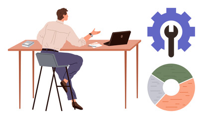 Fototapeta premium Productivity, technology, business strategy, data management, workflow optimization, decision-making. Man seated at desk with laptop and icons of gear and pie chart. Productivity and technology