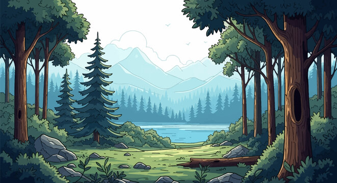 Vector landscape illustration of a morning forest scene with tall pine trees, a mountain range backdrop, calm lake water, grassy clearing with rocks, and hollow tree trunks.