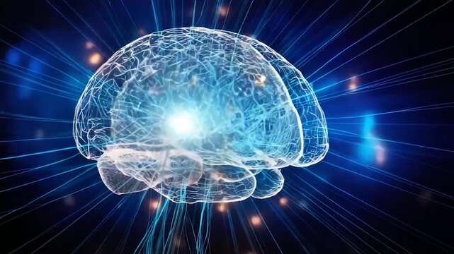 Digital rendition of a human brain with a network of glowing lines, on a dark blue background
